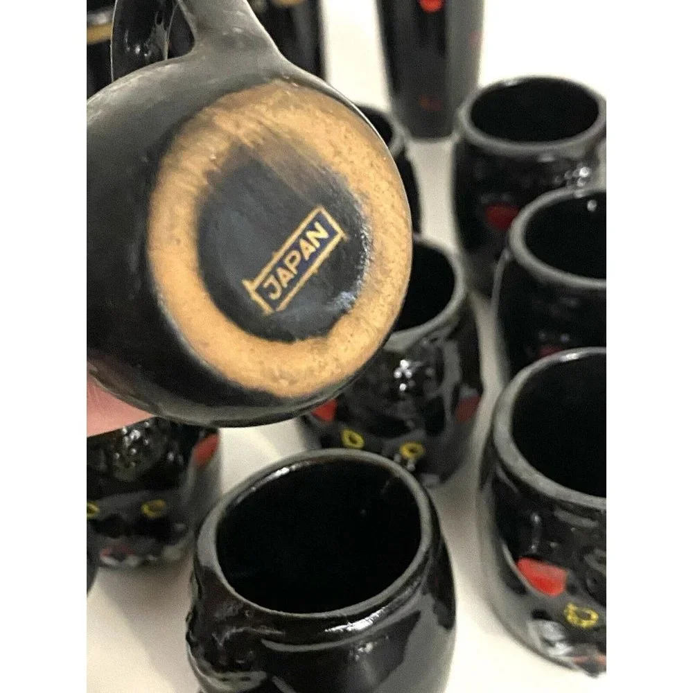 15  Ceramic Black Poodle Dog Face MCM Mini Tea Cups Shot Glasses‎ Japan
